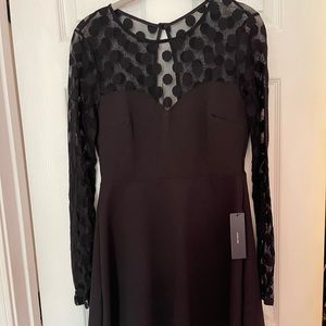 NWT Lulu’s black dress. Mesh polka dot long sleeves. Fit and flare style.